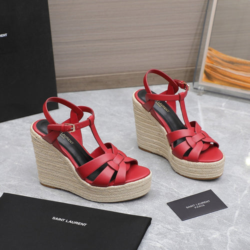 Saint Laurent SL TRIBUTE WEDGE SANDALS RED CALFSKIN