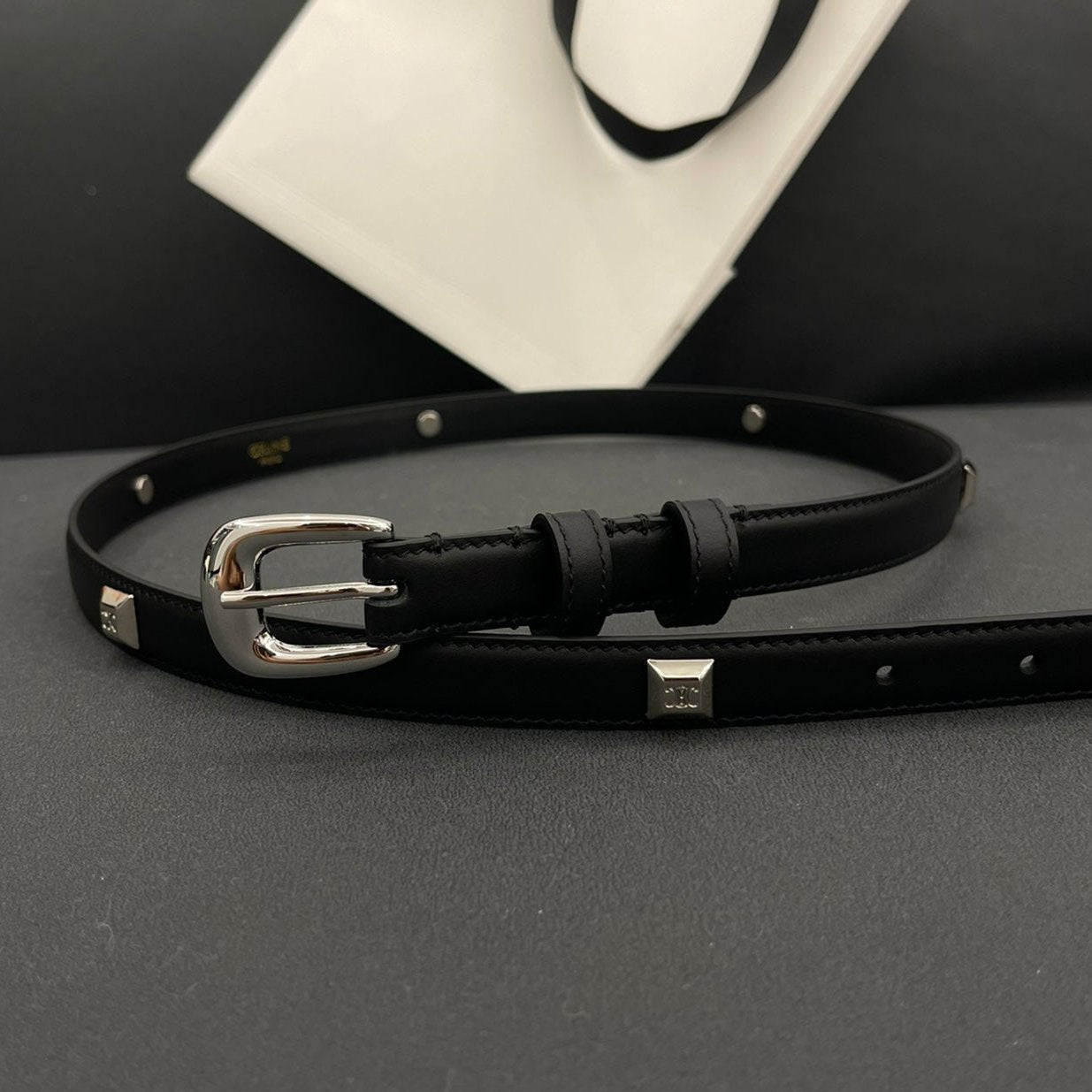 Celine CL SMALL 18 MM TRIOMPHE BELT IN TAURILLON BLACK LEATHER SILVER HARDWARE
