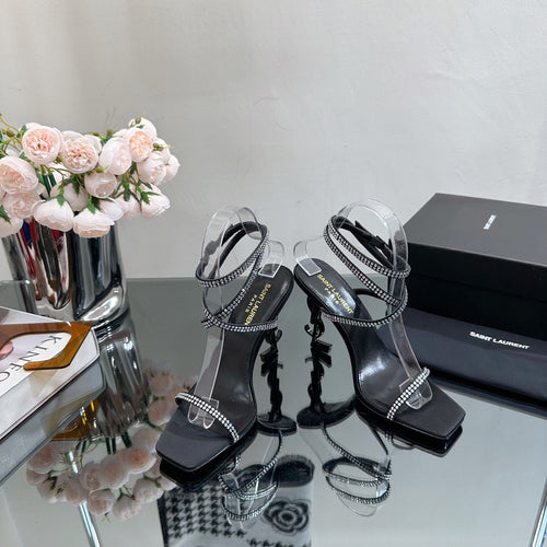 Saint Laurent SL OPYUM WHITE CRYSTAL HEELED SANDALS BLACK SATIN