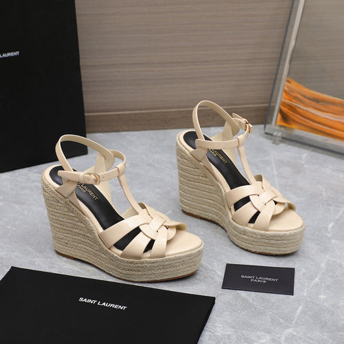 Saint Laurent SL TRIBUTE WEDGE SANDALS BEIGE POLISHED CALFSKIN