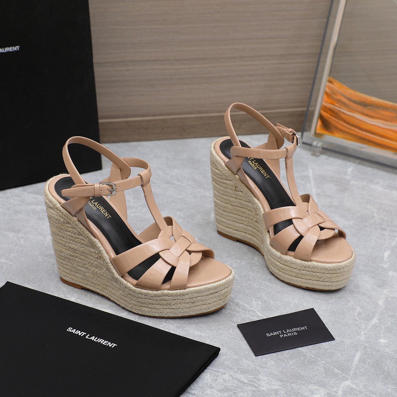 Saint Laurent SL TRIBUTE WEDGE SANDALS PINK NUDE POLISHED CALFSKIN
