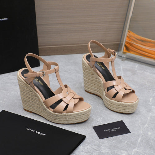 Saint Laurent SL TRIBUTE WEDGE SANDALS PINK NUDE POLISHED CALFSKIN