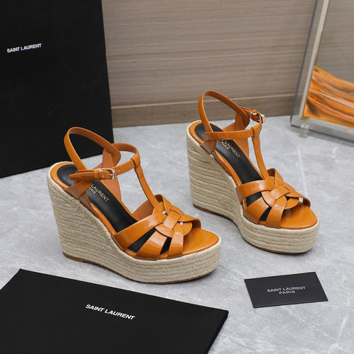Saint Laurent SL TRIBUTE WEDGE SANDALS TANGERINE POLISHED CALFSKIN