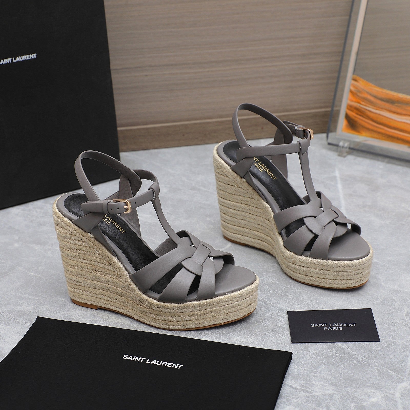 Saint Laurent SL TRIBUTE WEDGE SANDALS FOSSIL CALFSKIN