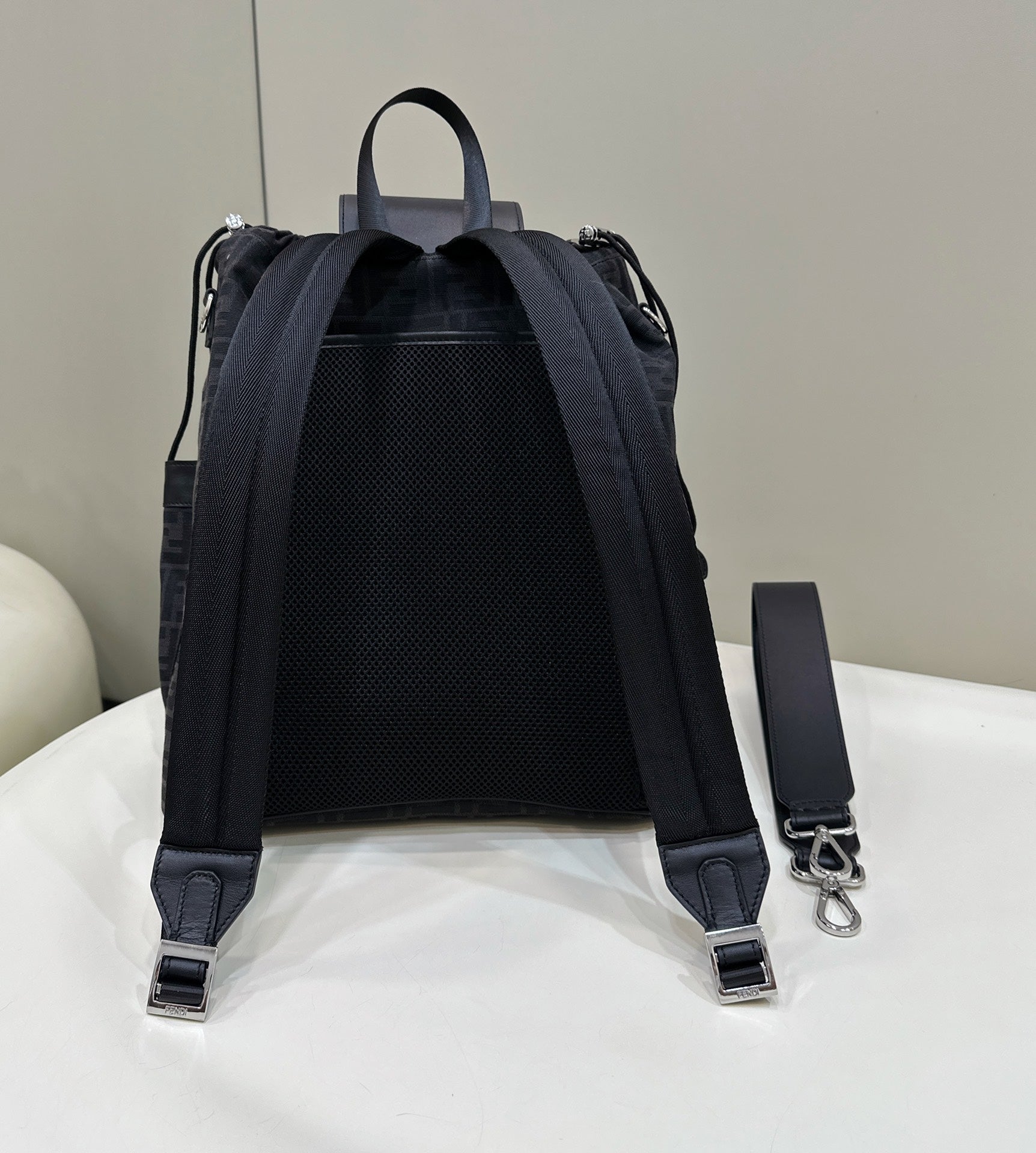 FENDI FENDI STRIKE 41 MEDIUM FF BLACK JACQUARD FABRIC BACKPACK