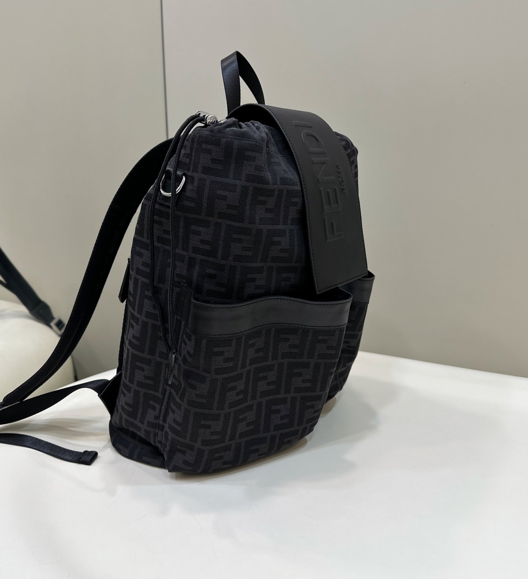 FENDI FENDI STRIKE 41 MEDIUM FF BLACK JACQUARD FABRIC BACKPACK