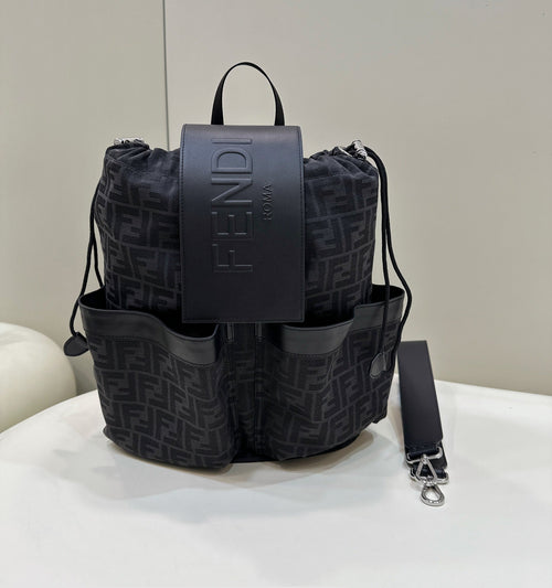 FENDI FENDI STRIKE 41 MEDIUM FF BLACK JACQUARD FABRIC BACKPACK