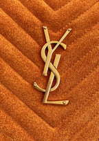 Saint Laurent LOU CAMERA BAG 23 IN SPANISH ORANGE SUEDE AND BROWN CALFSKIN TRIM