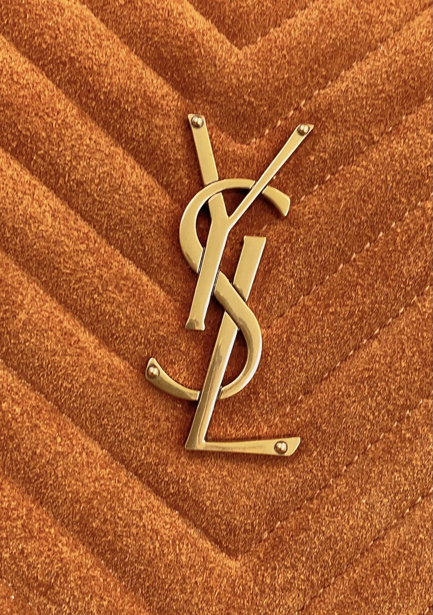 Saint Laurent LOU CAMERA BAG 23 IN SPANISH ORANGE SUEDE AND BROWN CALFSKIN TRIM