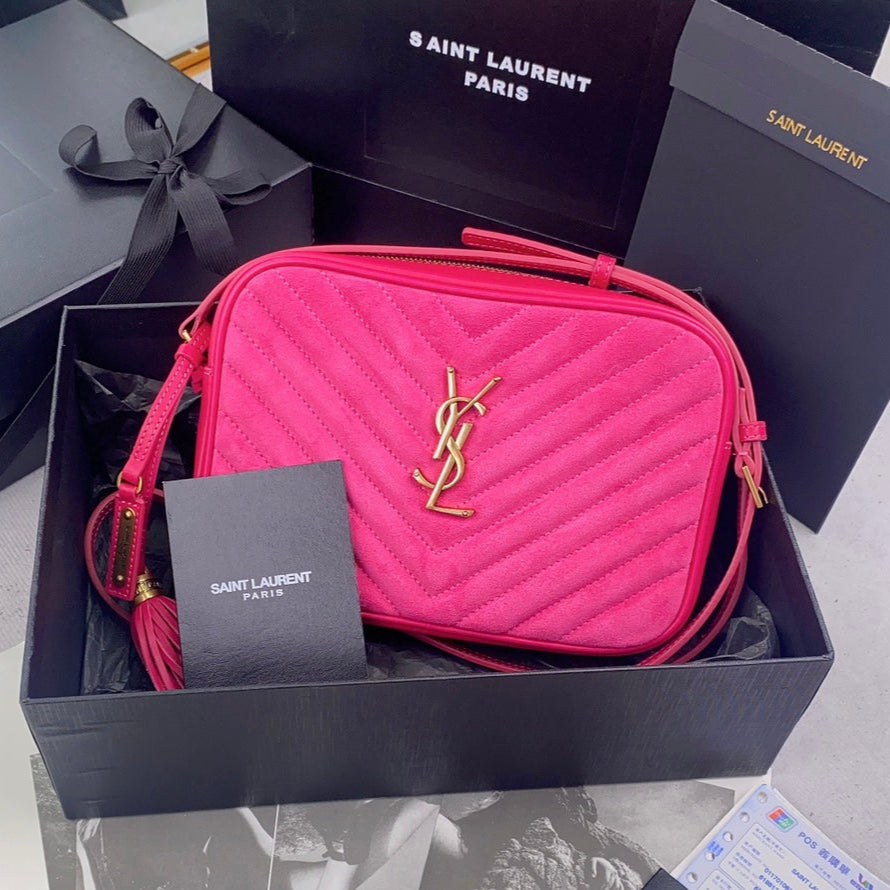 Saint Laurent LOU CAMERA BAG 23 IN BRIGHT PINK SUEDE AND CALFSKIN TRIM