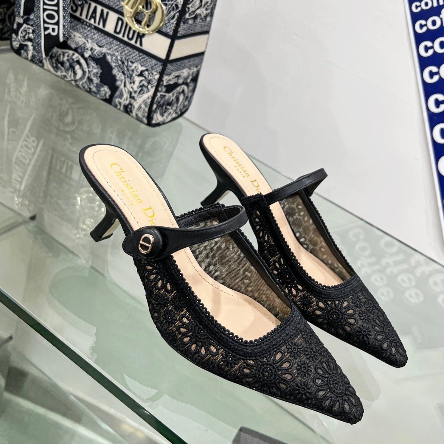 DIOR pump 65 transparent mesh embroidered black flower moitf