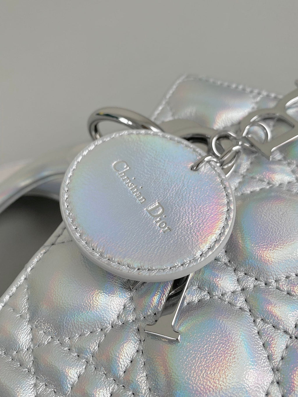 DIOR SMALL LADY 20 SILVER METALIC LAMBSKIN