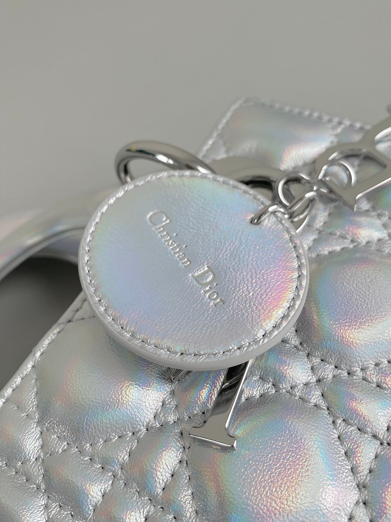 DIOR SMALL LADY 20 SILVER METALIC LAMBSKIN
