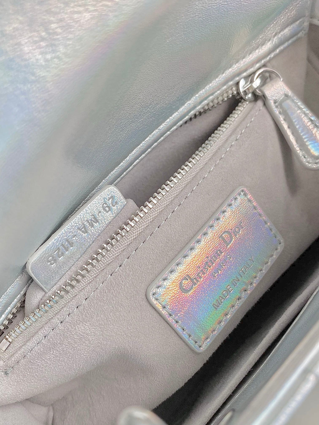 DIOR SMALL LADY 20 SILVER METALIC LAMBSKIN