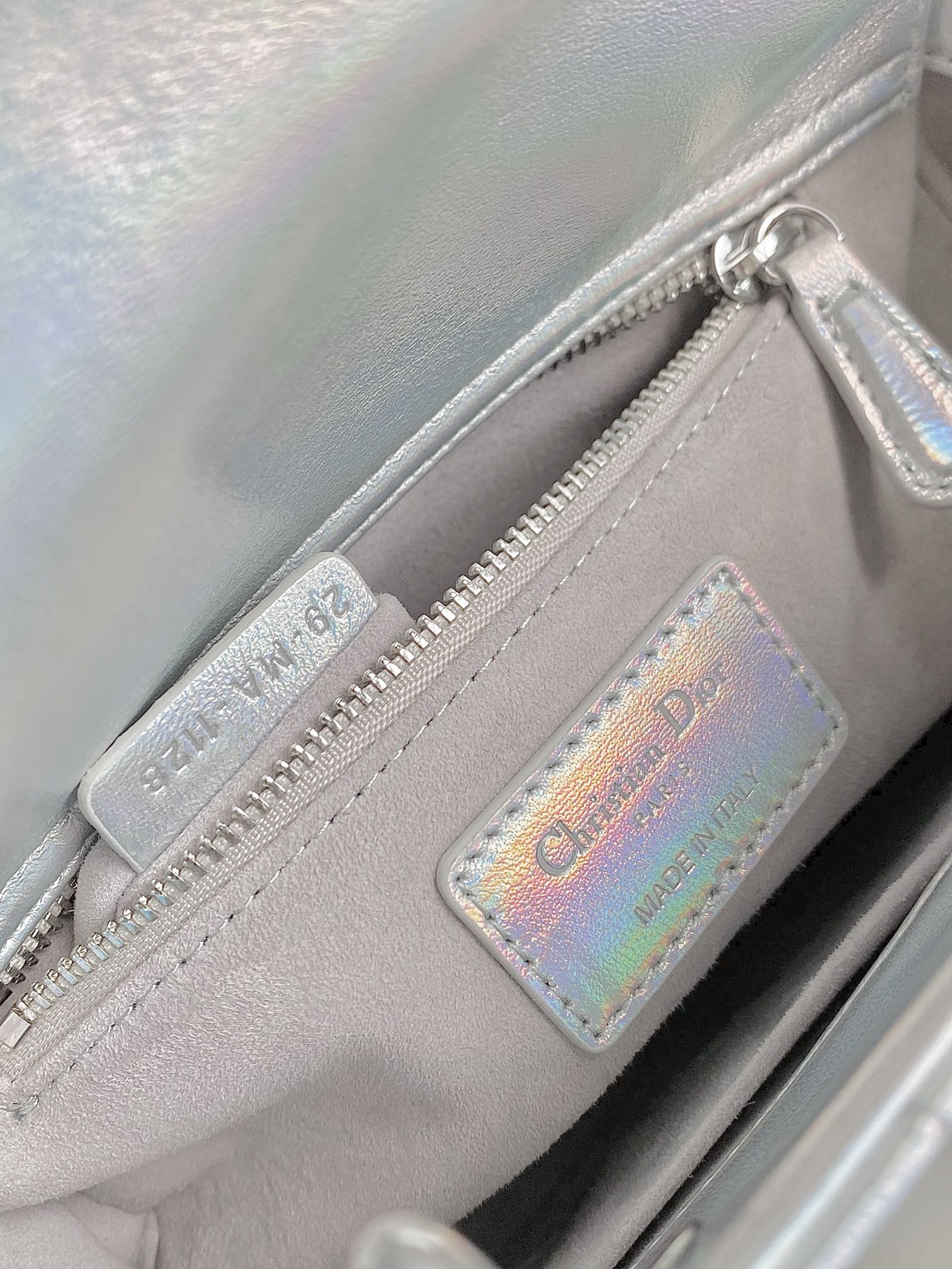 DIOR SMALL LADY 20 SILVER METALIC LAMBSKIN