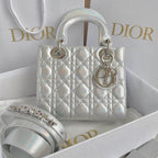 DIOR SMALL LADY 20 SILVER METALIC LAMBSKIN