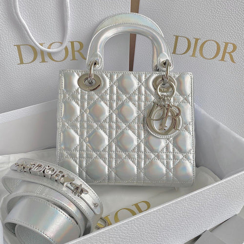 DIOR SMALL LADY 20 SILVER METALIC LAMBSKIN