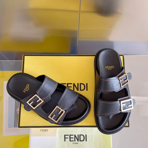 FENDI FENDI BAGUETTE DAD SANDALS IN BLACK CALFSKIN WITH GOLD HARDWARE
