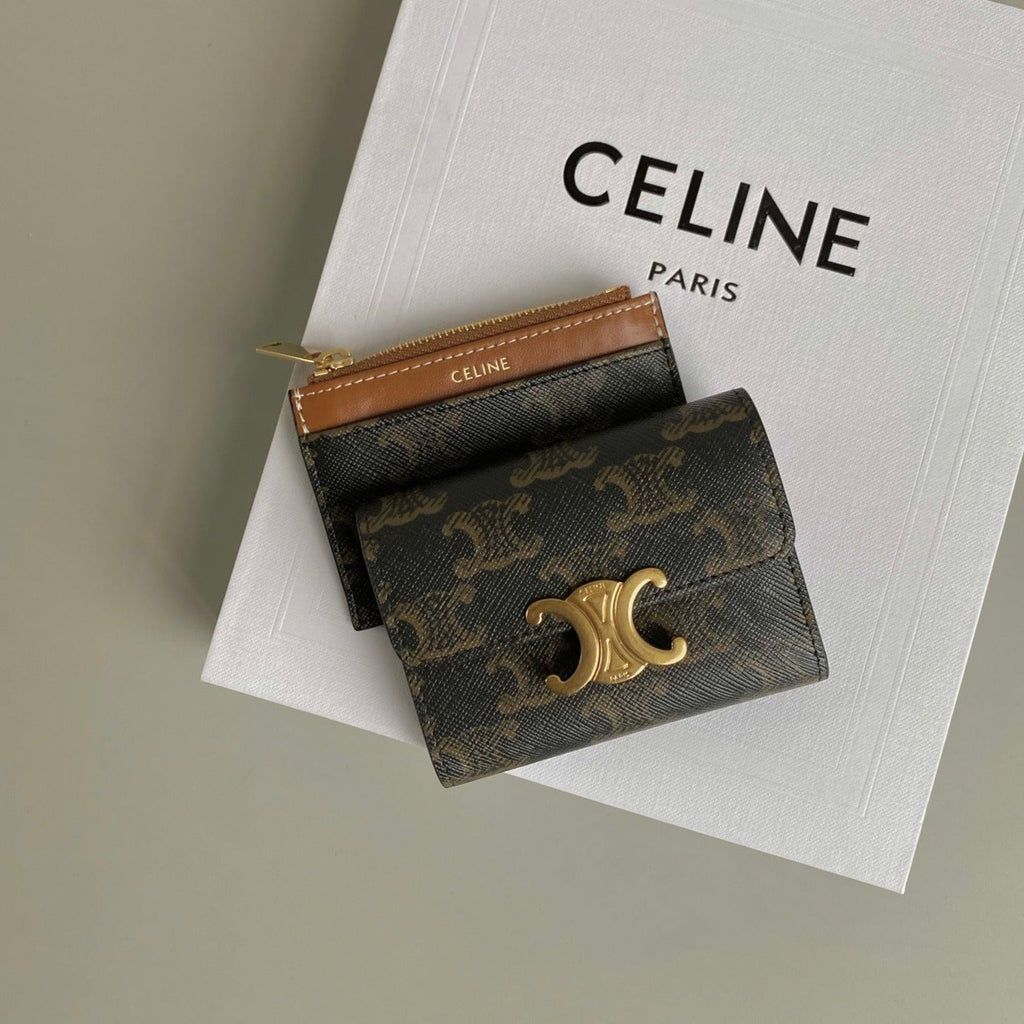Celine TRIPHOME 9 WALLET TWO-IN-ONE OLD FLOWER BROWN CALFSKIN