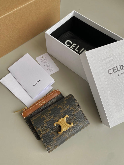 Celine TRIPHOME 9 WALLET TWO-IN-ONE OLD FLOWER BROWN CALFSKIN