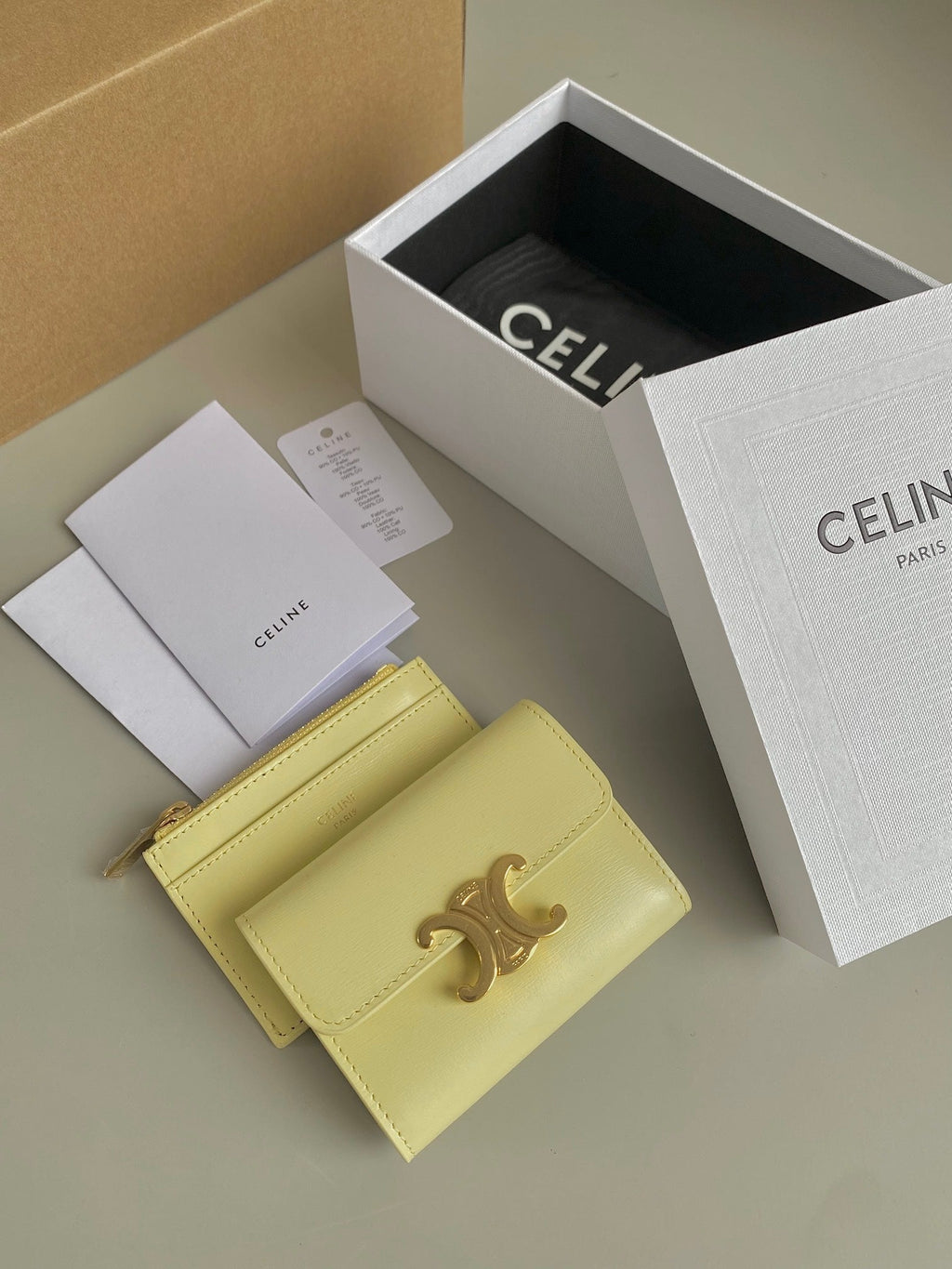 Celine TRIPHOME 9 WALLET TWO-IN-ONE YELLOW PASTEL CALFSKIN