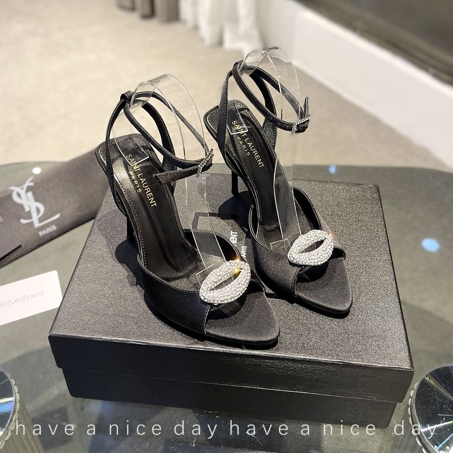 Saint Laurent SL AYERS CRYSTAL SANDAL BLACK SATIN