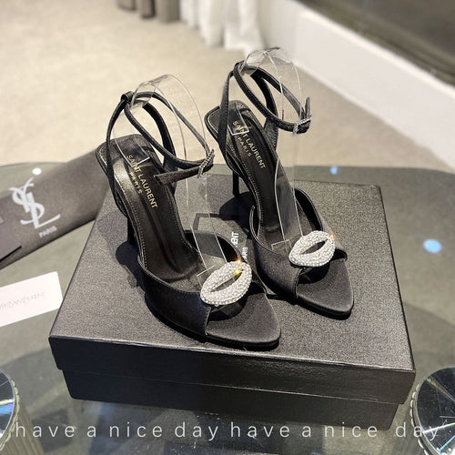 Saint Laurent SL AYERS CRYSTAL SANDAL BLACK SATIN