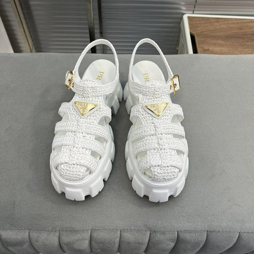PRADA Monolith Crochet Cage Sandals 55 White