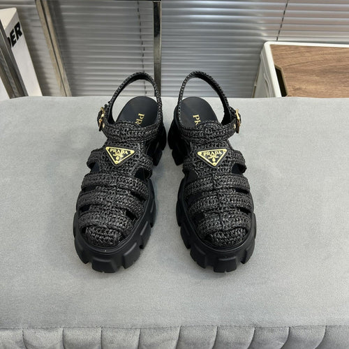 PRADA Monolith Crochet Cage Sandals 55 Black