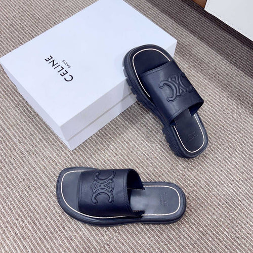 Celine LEA TRIOMPHE PLATFORM SLIDES WOMEN VEGETABLE TANNED CALFSKIN BLACK