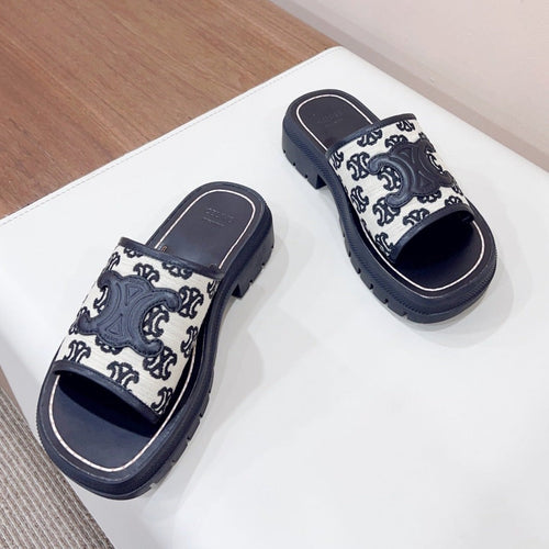 Celine LEA TRIOMPHE PLATFORM SLIDES WOMEN VEGETABLE TANNED CALFSKIN BLACK/WHITE
