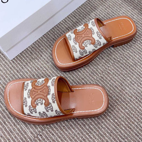 Celine LEA TRIOMPHE PLATFORM SLIDES WOMEN VEGETABLE TANNED CALFSKIN BROWN/WHITE