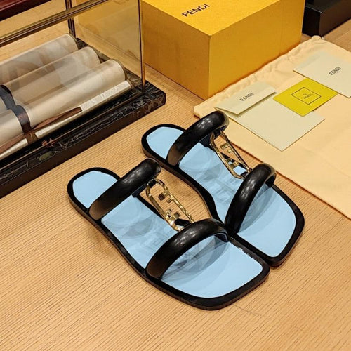 FENDI FENDI O'LOCK SLIDES BLACK AND LIGHT BLUE CALFSKIN WITH GOLD HARDWARE
