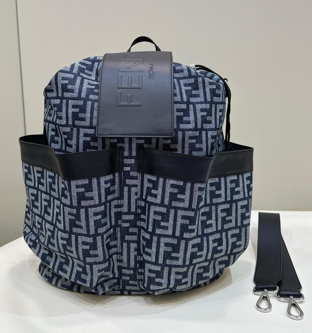 FENDI FENDI STRIKE LARGE 46 FF MIDNIGHT BLUE JACQUARD FABRIC BACKPACK
