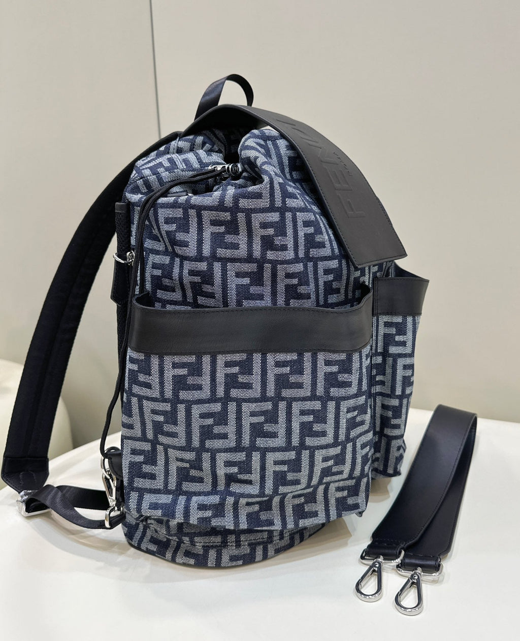 FENDI FENDI STRIKE LARGE 46 FF MIDNIGHT BLUE JACQUARD FABRIC BACKPACK