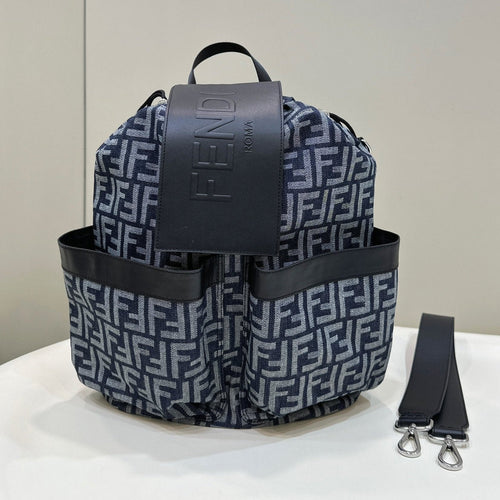 FENDI FENDI STRIKE 41 MEDIUM FF MIDNIGHT BLUE JACQUARD FABRIC BACKPACK