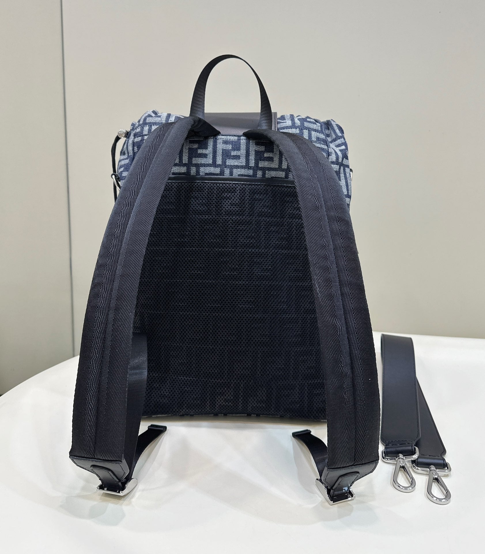 FENDI FENDI STRIKE 41 MEDIUM FF MIDNIGHT BLUE JACQUARD FABRIC BACKPACK