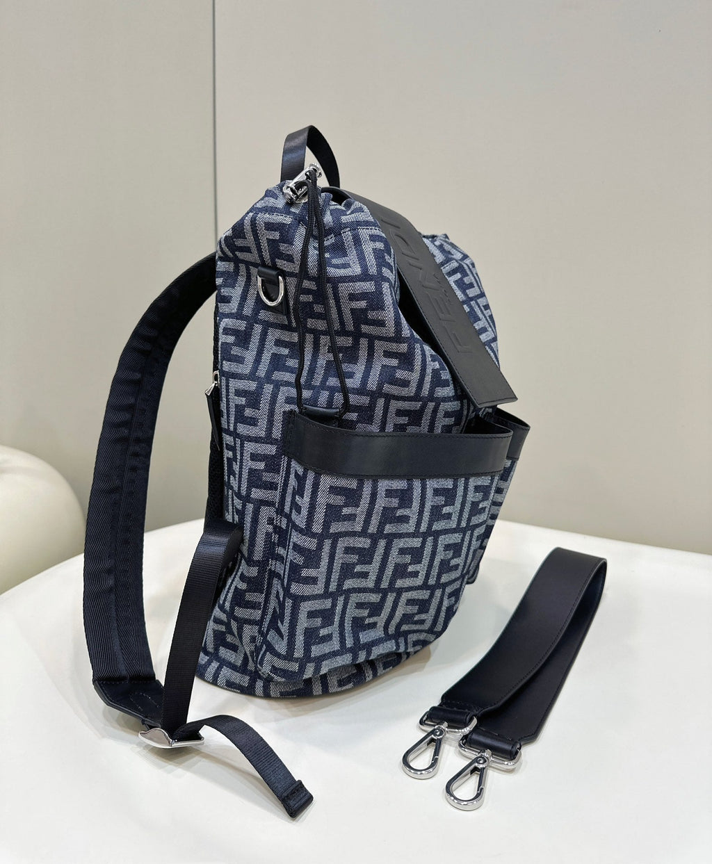 FENDI FENDI STRIKE 41 MEDIUM FF MIDNIGHT BLUE JACQUARD FABRIC BACKPACK