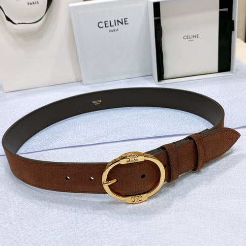 Celine CL LARGE 35MM TWIN TRIOMPHE BELT IN CHOCOLATE BROWN SUEDE GOLD HARDWARE