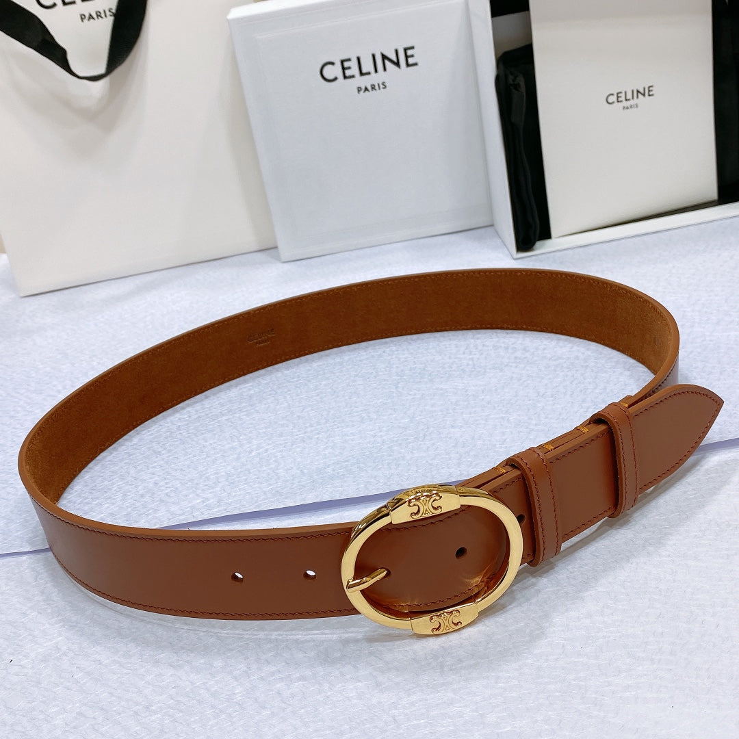 Celine CL LARGE 35MM TWIN TRIOMPHE BELT IN BRONZE BROWN CALFSKIN GOLD HARDWARE