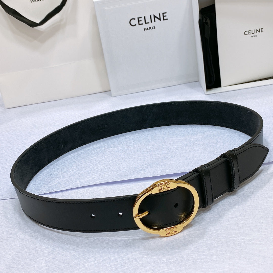Celine CL LARGE 35MM TWIN TRIOMPHE BELT IN BLACK CALFSKIN GOLD HARDWARE