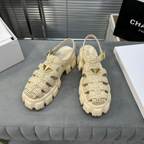PRADA Monolith Crochet Cage Sandals 55 Beige
