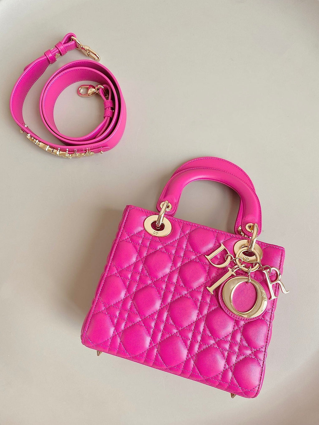 DIOR SMALL LADY 20 DARK HOT PINK LAMBSKIN