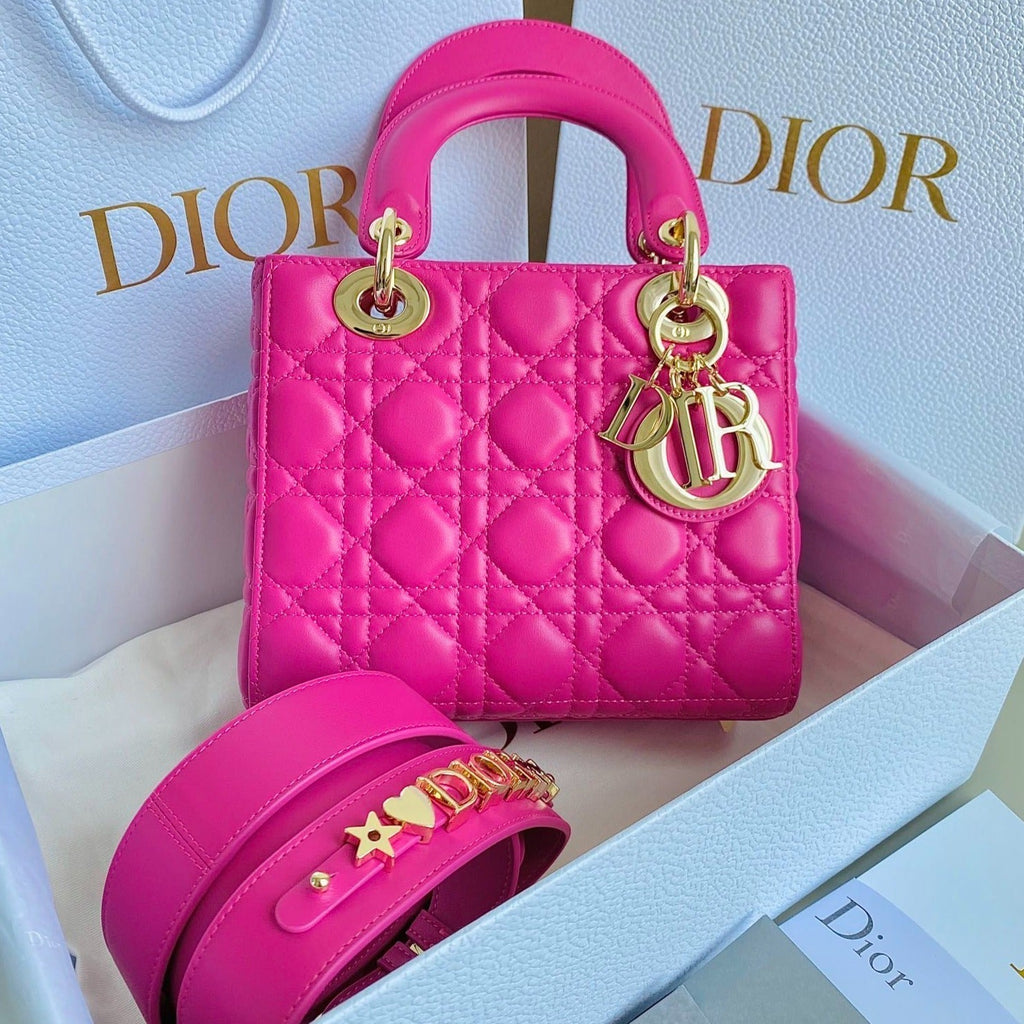 DIOR SMALL LADY 20 DARK HOT PINK LAMBSKIN