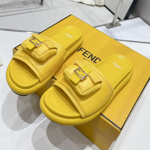 FENDI FENDI BAGUETTE SLIPPERS IN NAPLES YELLOW LAMBSKIN WITH GOLD HARDWARE