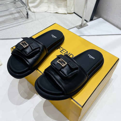 FENDI FENDI BAGUETTE SLIPPERS IN BLACK LAMBSKIN WITH GOLD HARDWARE
