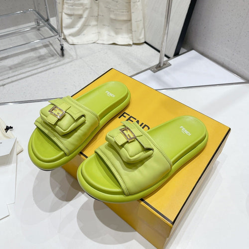 FENDI FENDI BAGUETTE SLIPPERS IN PEAR GREEN LAMBSKIN WITH GOLD HARDWARE