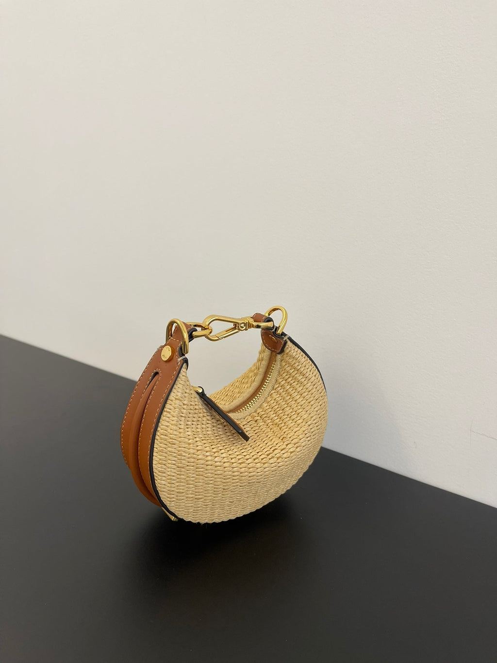 FENDI FENDIGRAPHY MINI 16 IN BEIGE STRAW AND BROWN CALFSKIN TRIM GOLD HARDWARE