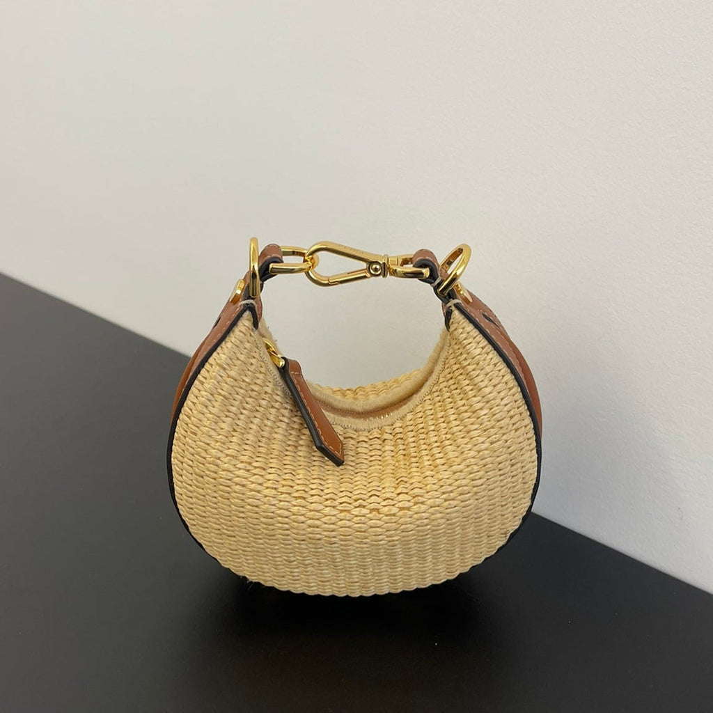 FENDI FENDIGRAPHY MINI 16 IN BEIGE STRAW AND BROWN CALFSKIN TRIM GOLD HARDWARE