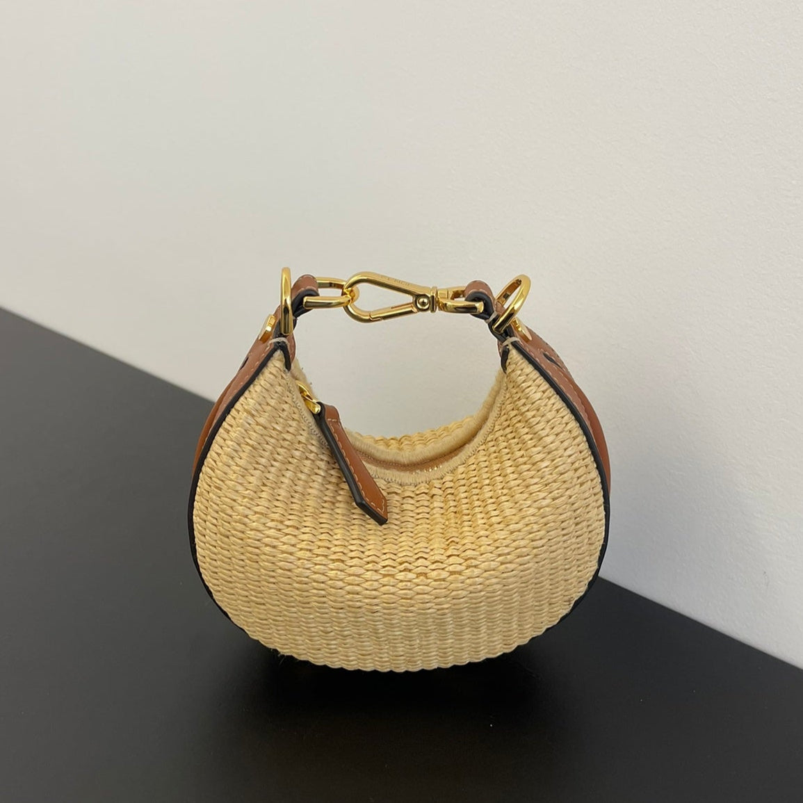 FENDI FENDIGRAPHY MINI 16 IN BEIGE STRAW AND BROWN CALFSKIN TRIM GOLD HARDWARE
